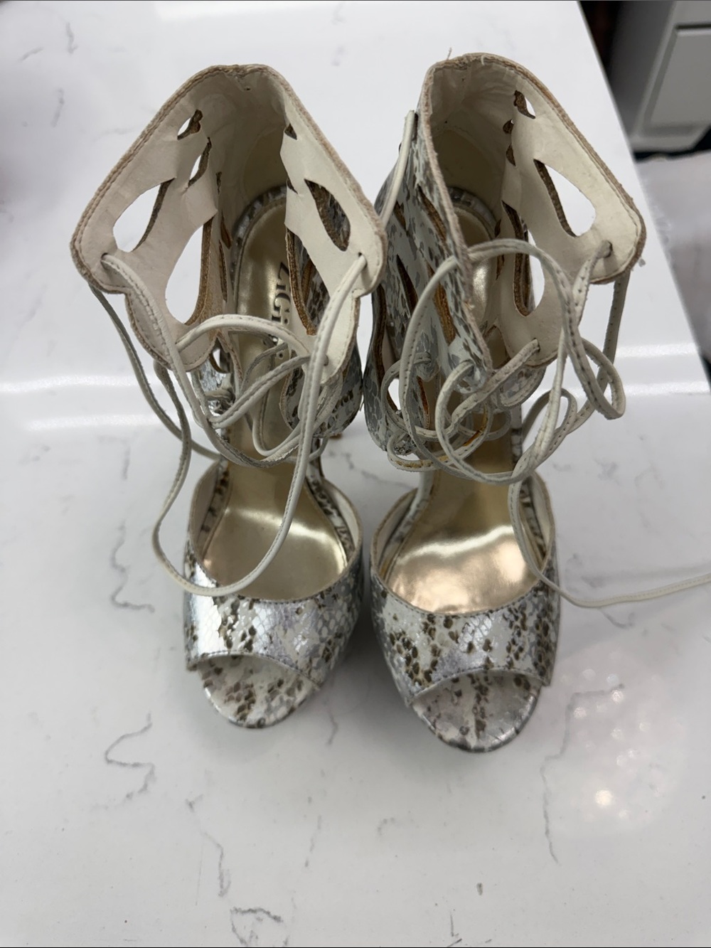 ZIGI girl White Snake-Print Lace-Up High Heel Sandals